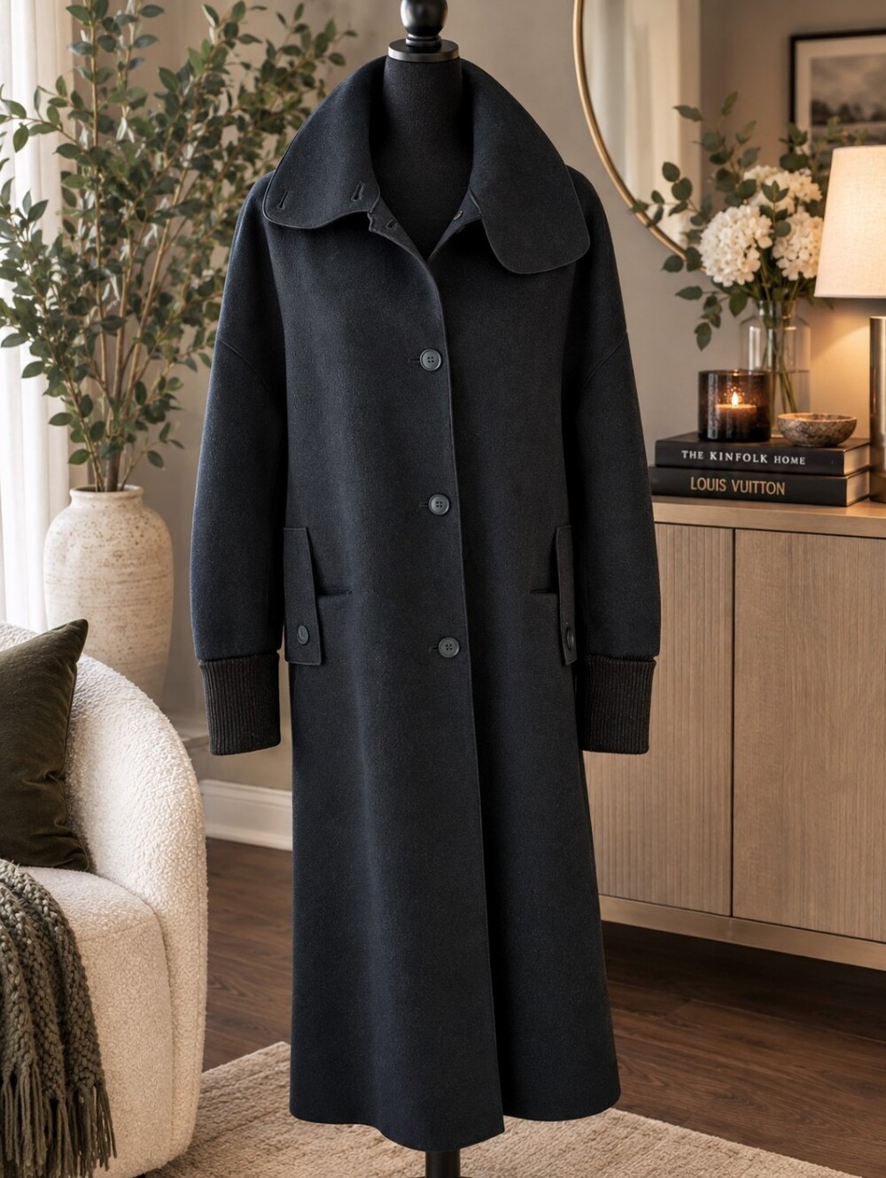 Women's Black Long Button-Up Coat with High Collar